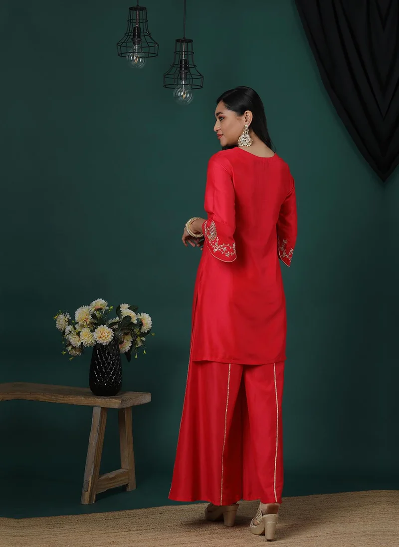 globus Globus Women Floral Embroidered Regular Thread Work Kurta With Palazzos Festive Set